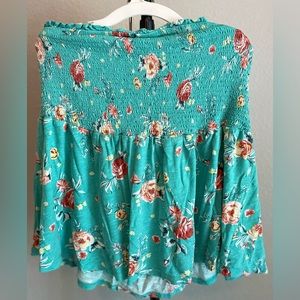 Torrid Plus Size Teal Emerald Shirred Tube Floral Tube Top Blouse Size: 3XL